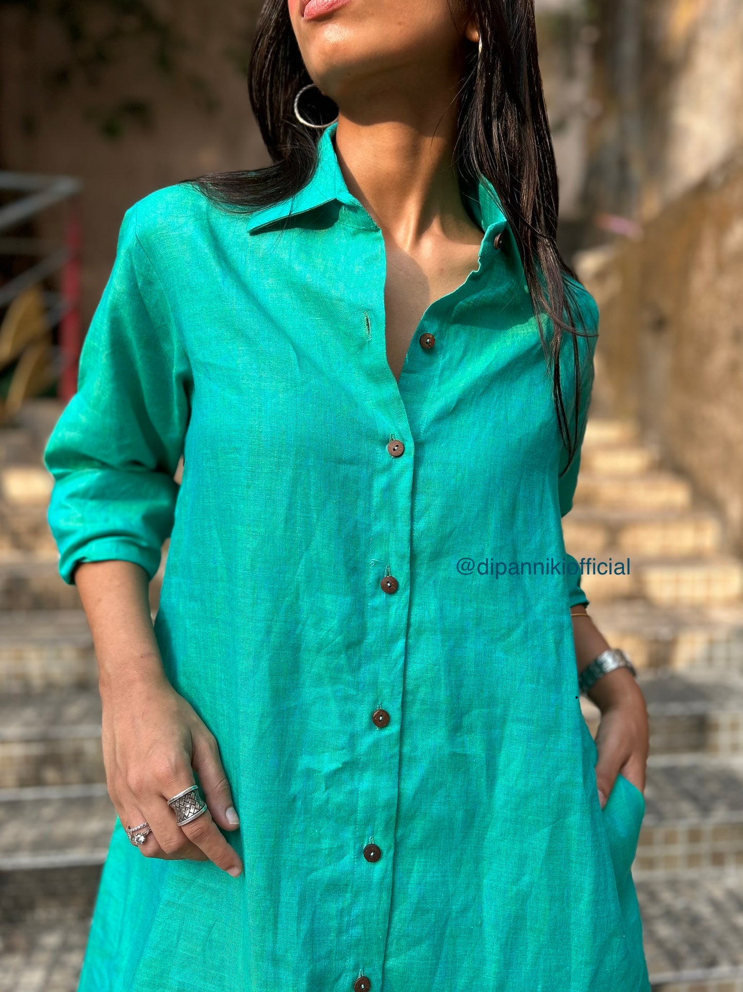 Aqua jasmine Linen Shirt Dress