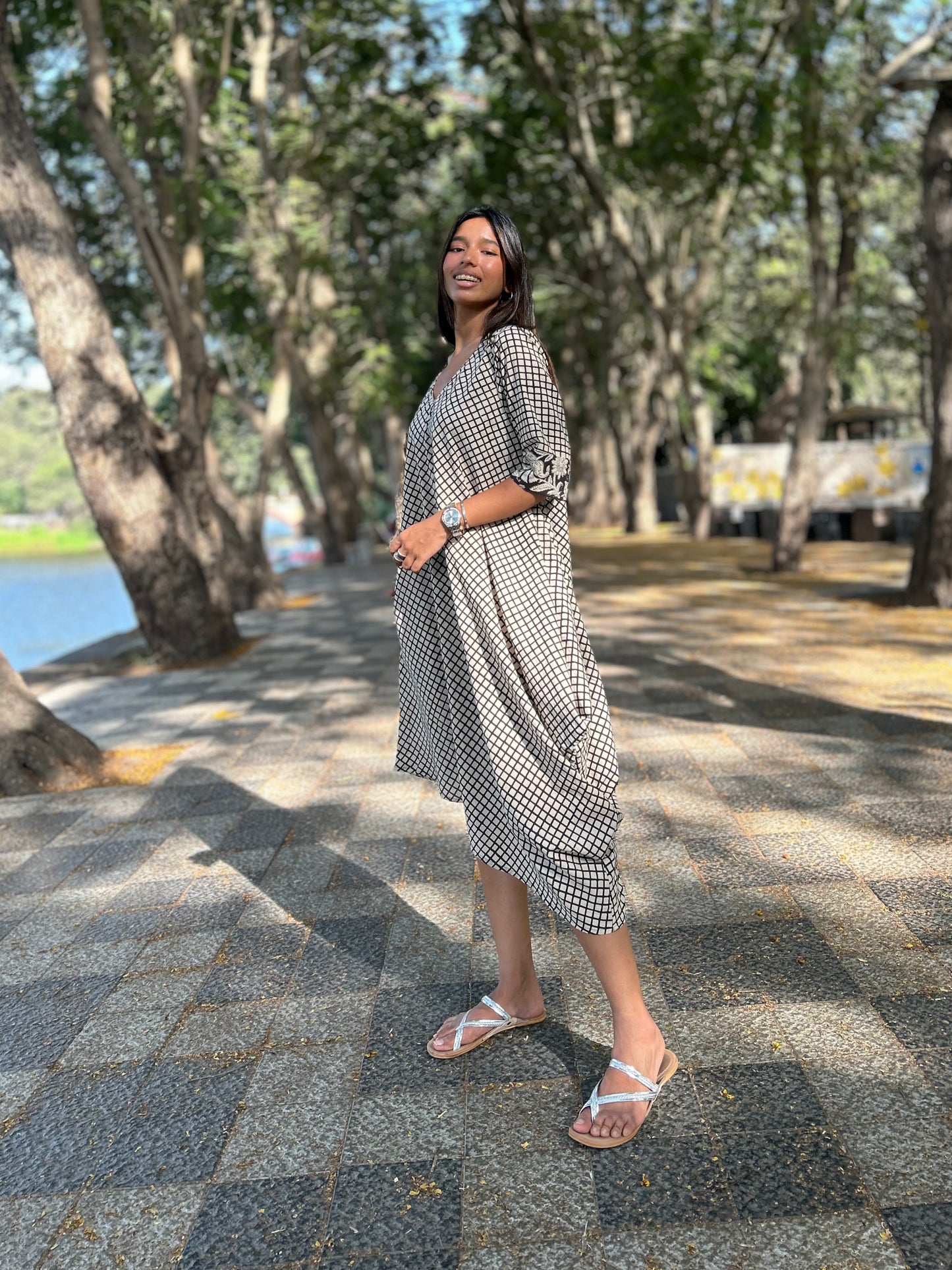 Monochrome Checkered cowl dress