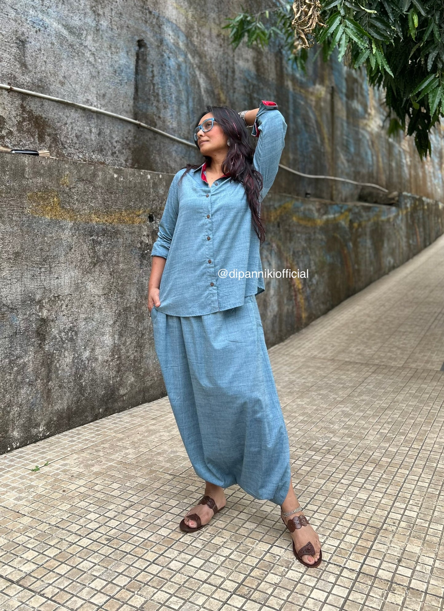 Denim blue Shirt dhoti co-ord