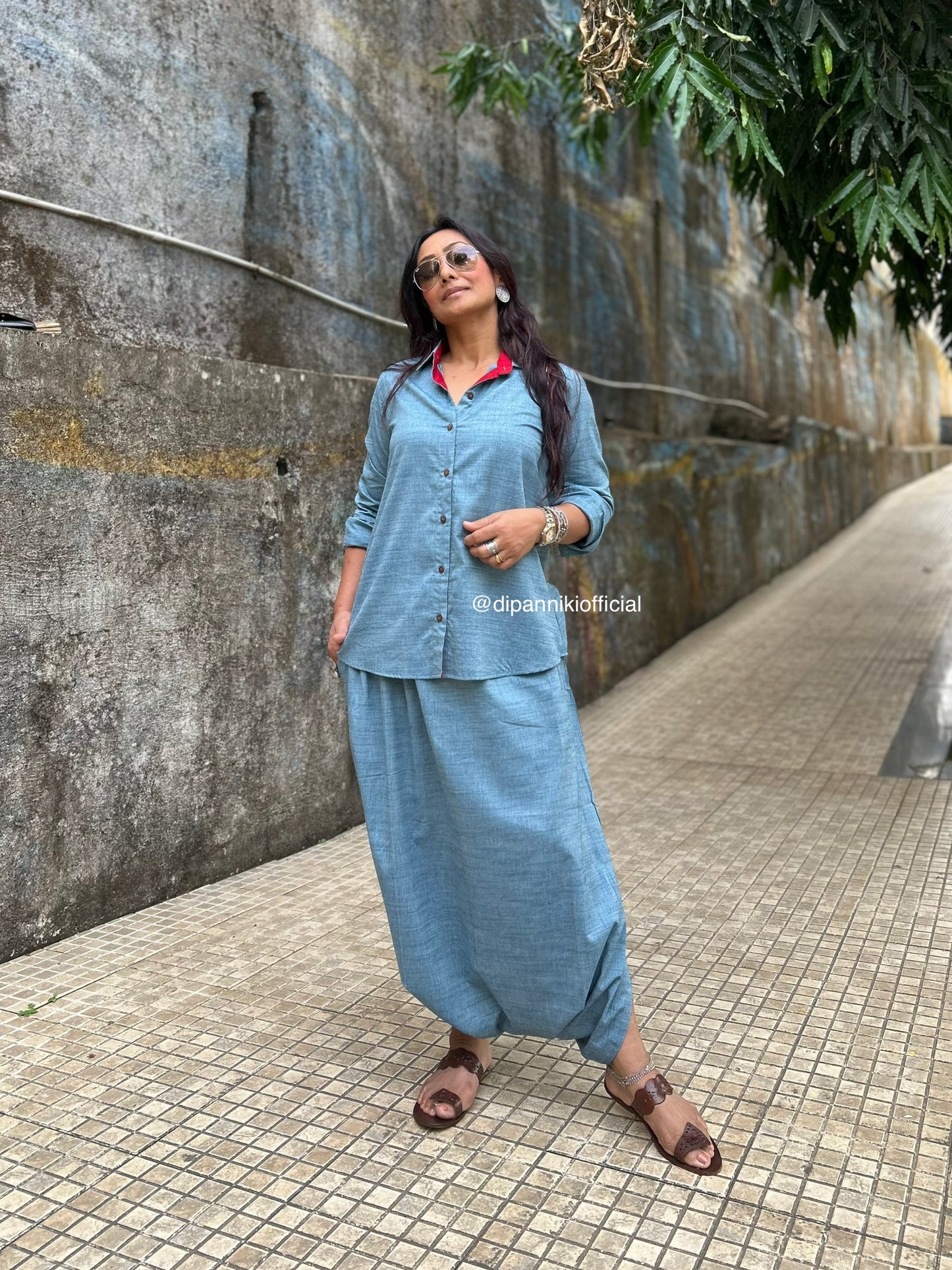 Denim blue Shirt dhoti co-ord