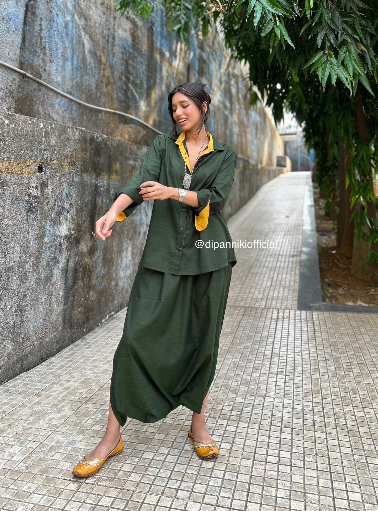Bottle green Shirt dhoti co-ord