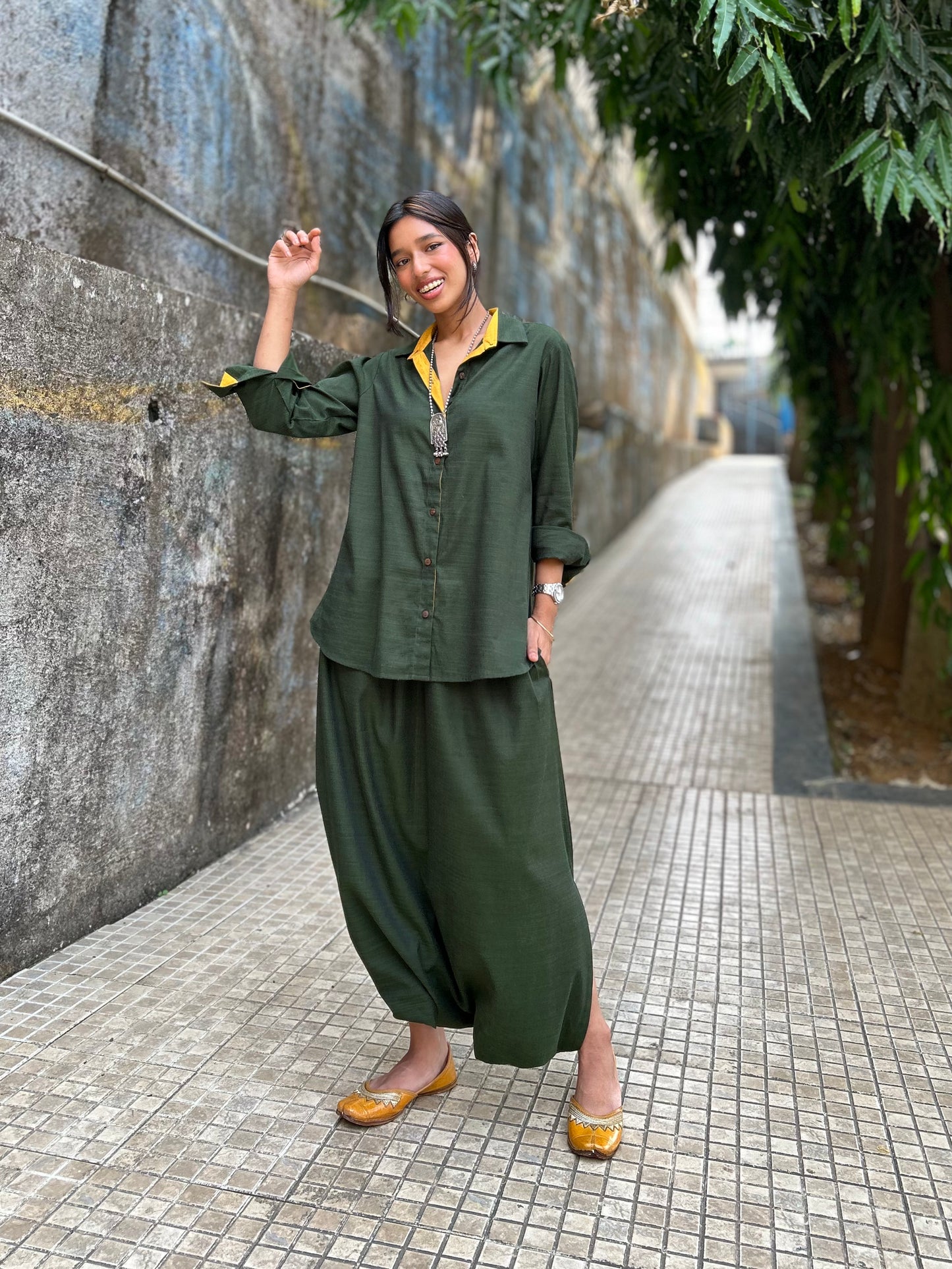 Bottle green Shirt dhoti co-ord