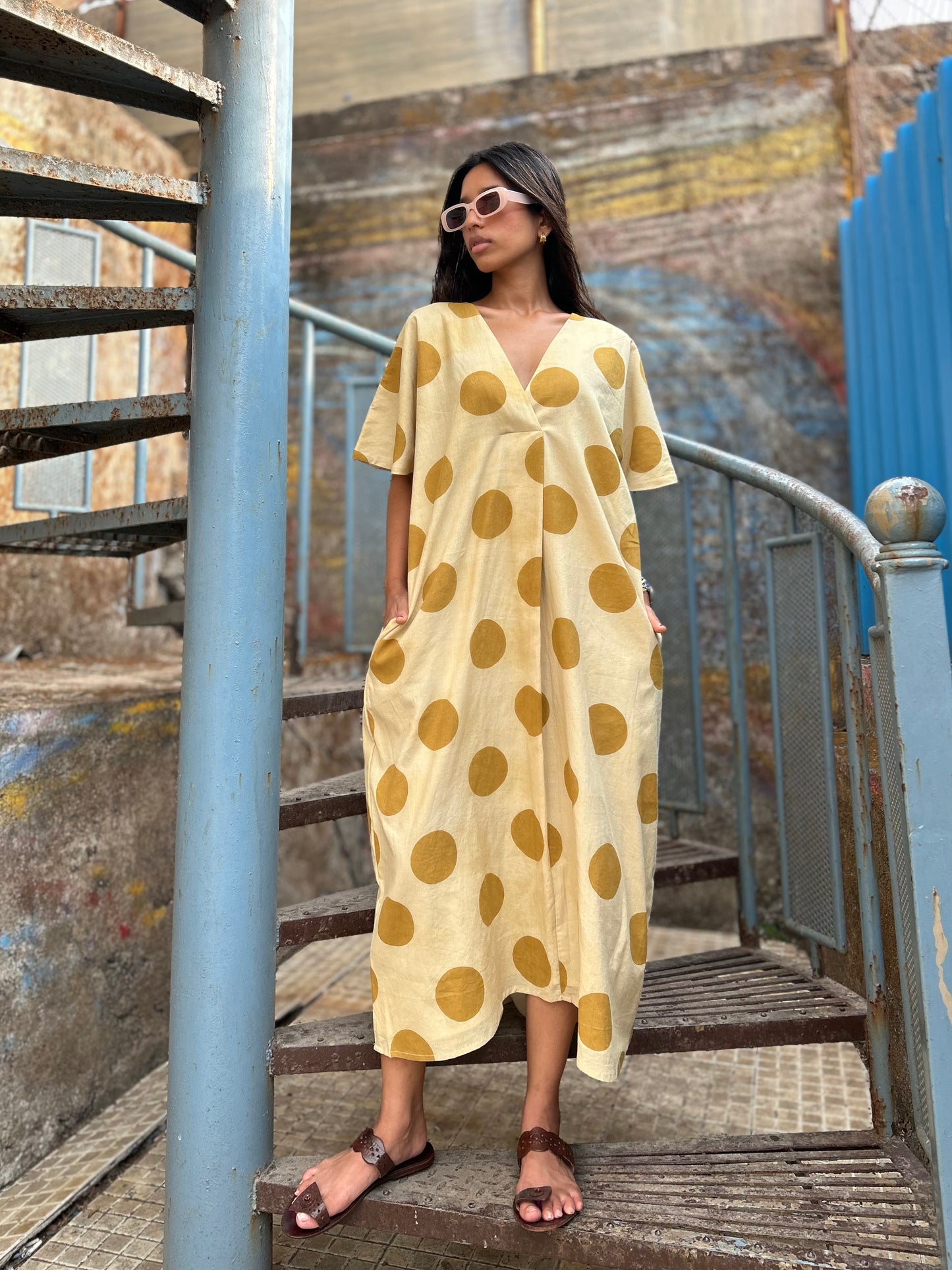 Cream Polka pleat dress