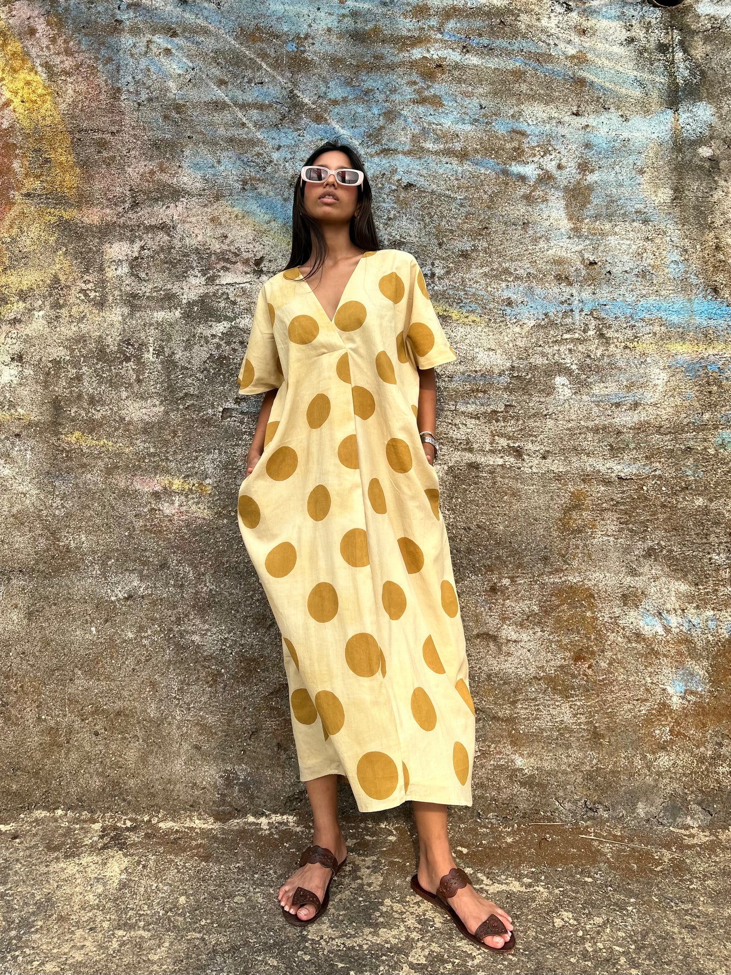 Cream Polka pleat dress