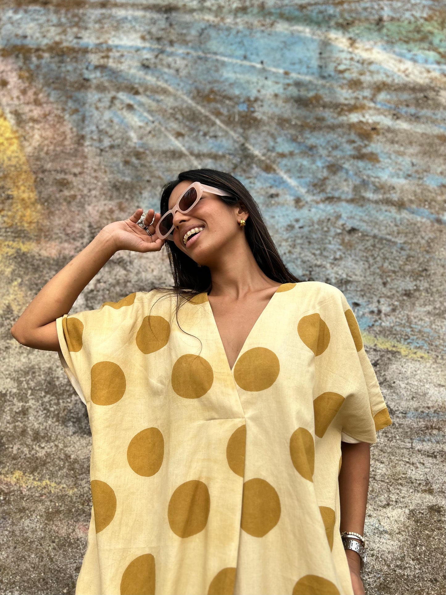 Cream Polka pleat dress