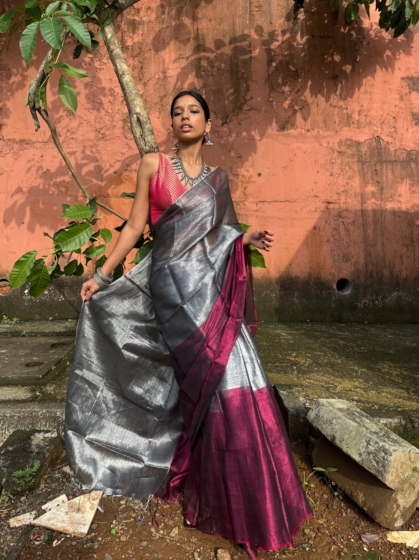 Silver Magenta Tissue Silk Saree