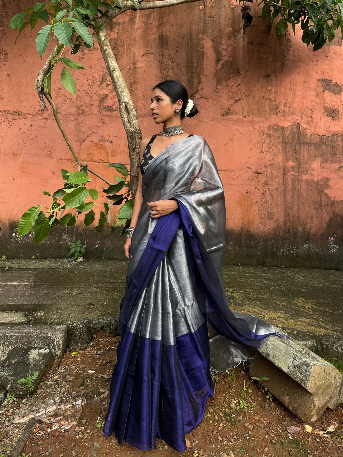 Silver Ink Tissue Silk Saree