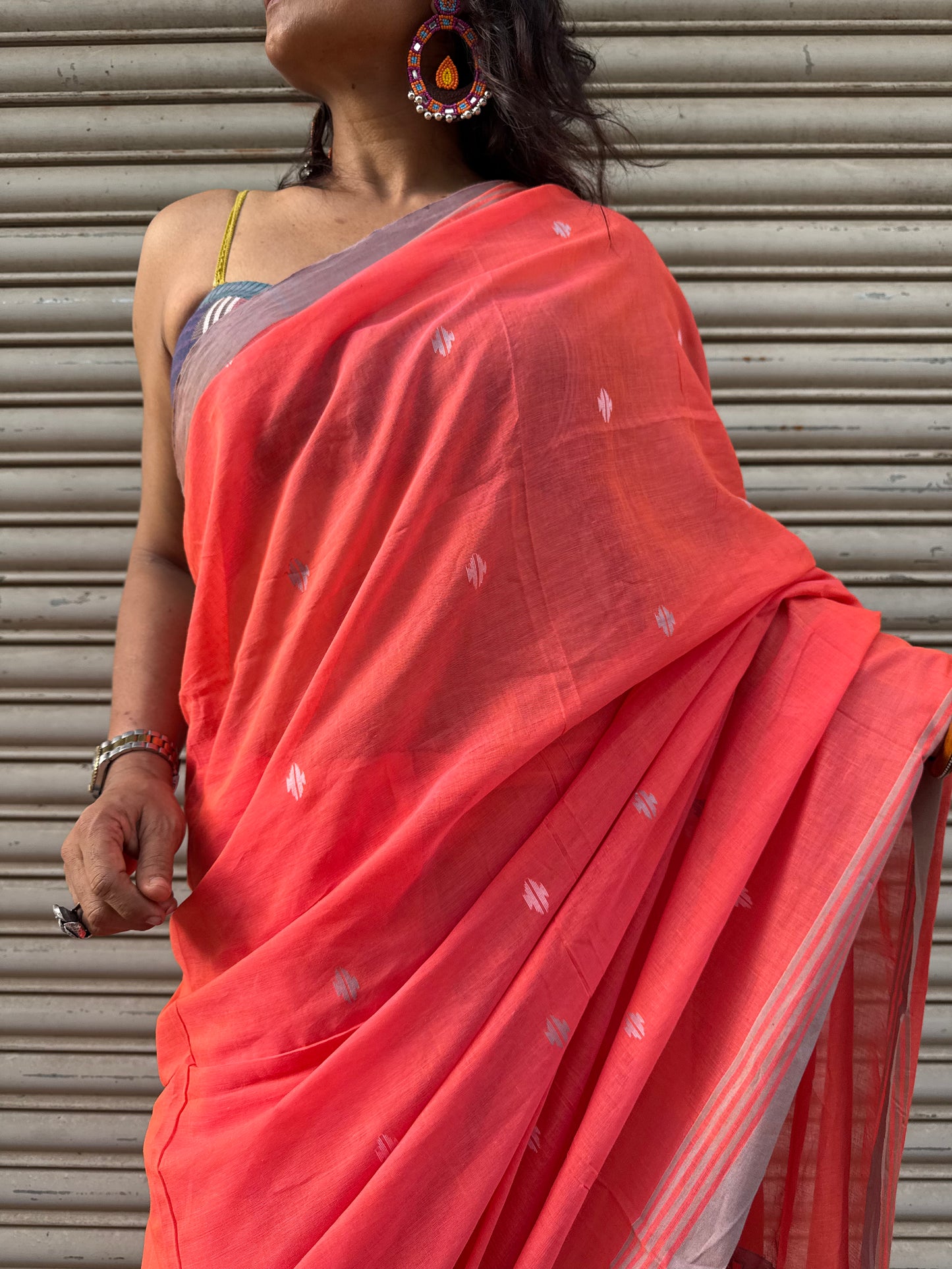 Peach Jamdani Cotton Saree