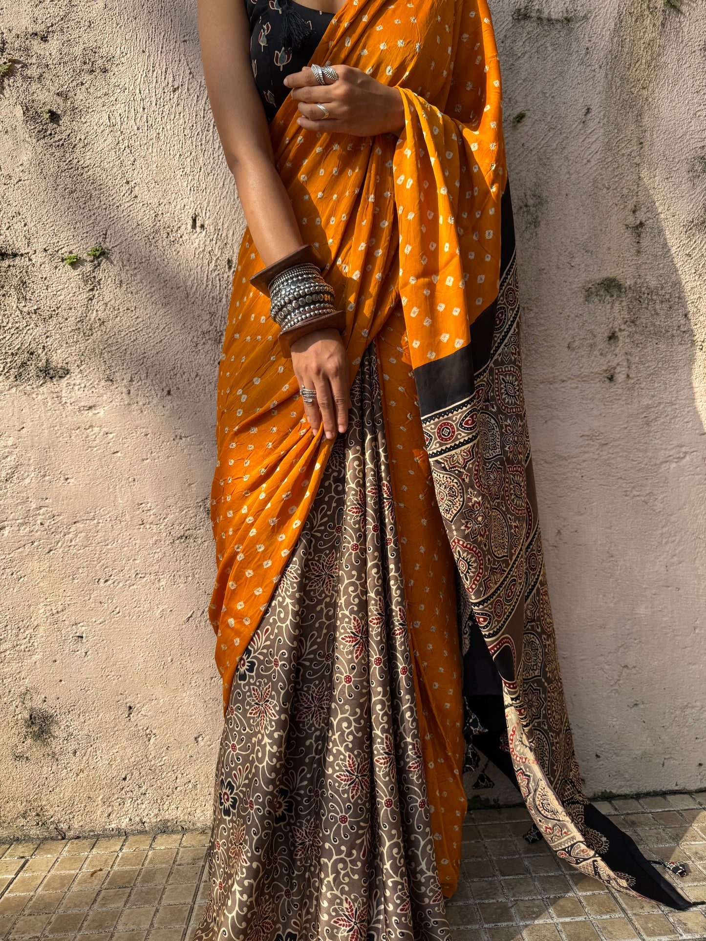 Saffron Bandhani Modal Silk Saree