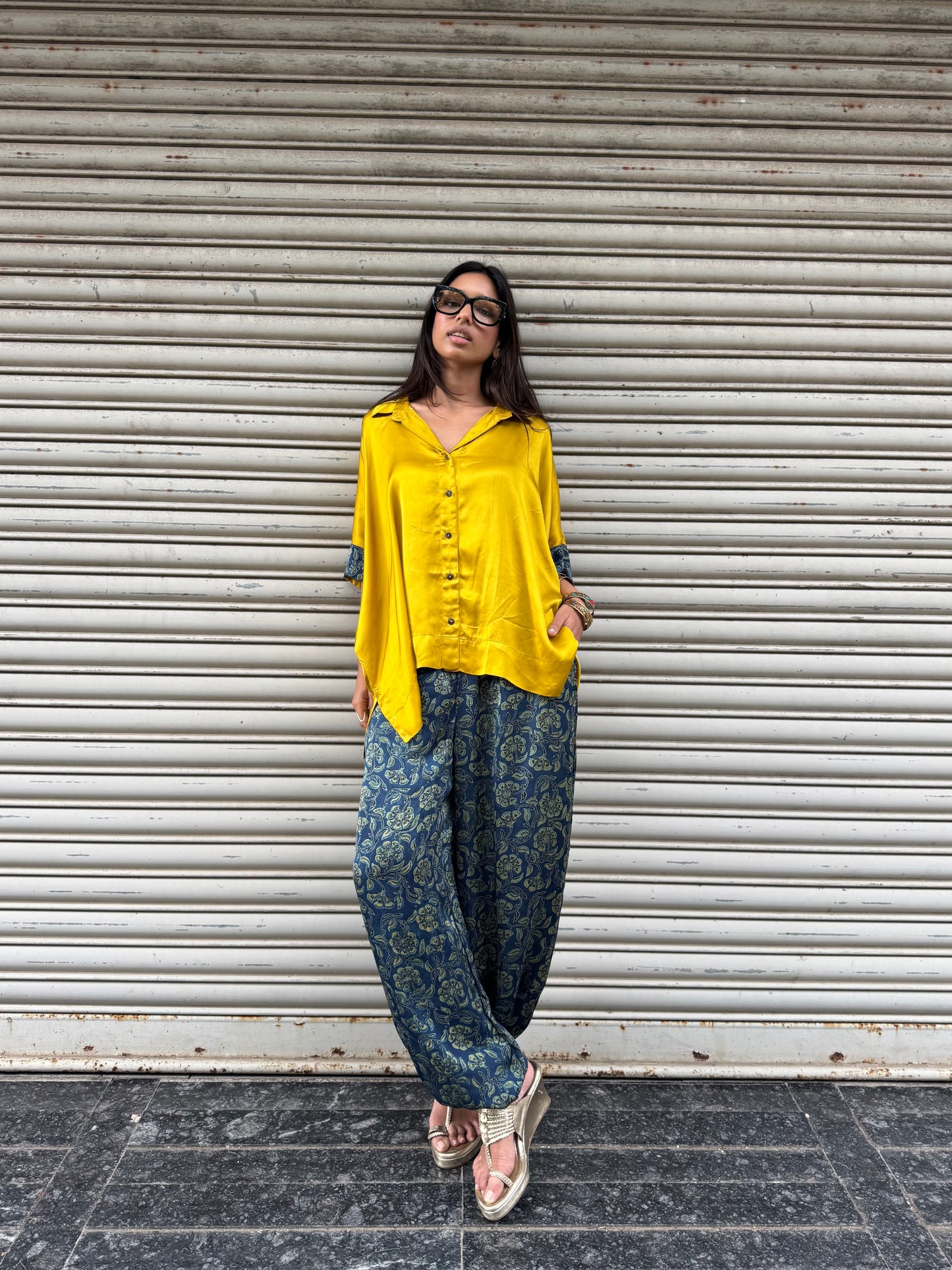 Gold Modal silk Co-ord set with Balloon pants