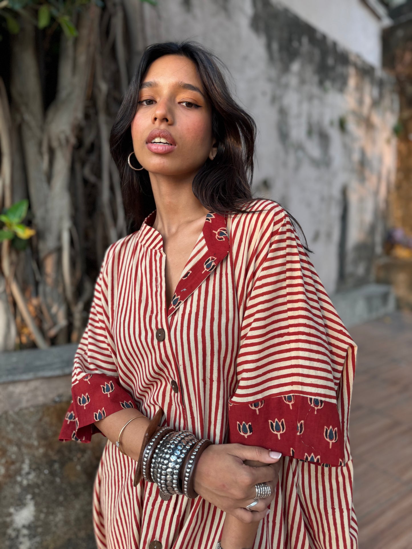 Cherry Striped Cotton Kaftan Dress