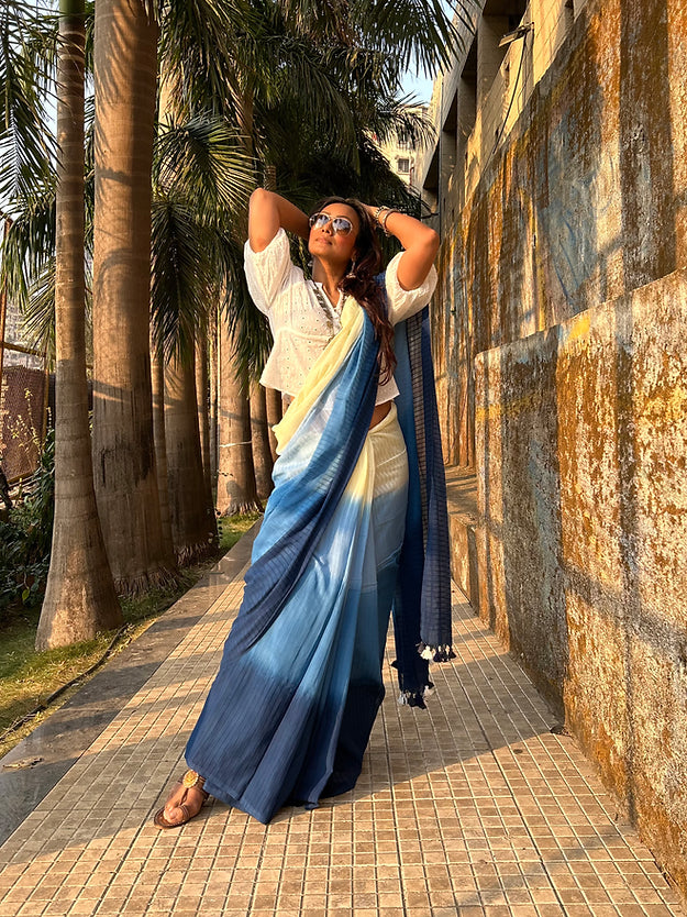 Blue ombre tie-dye mul saree