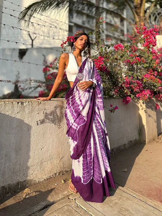 Purple tie-dye mul saree