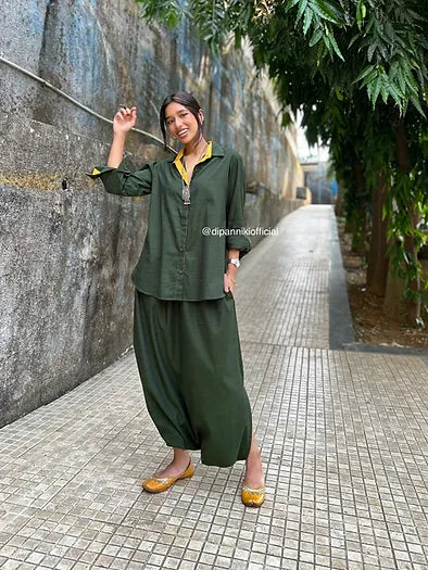 Bottle green Shirt dhoti co-ord