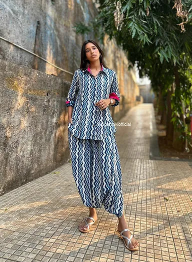 Leheriya Indigo Shirt dhoti co-ord