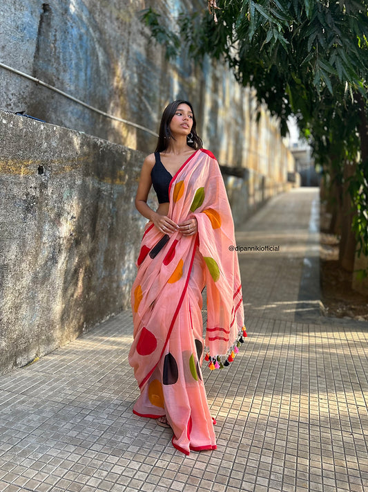 Peachy polka mul saree