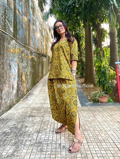 Mustard ajrakh Dhoti co-ord set