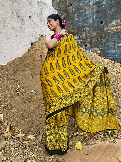 Peeli Anaras modal silk saree embroidered pallu