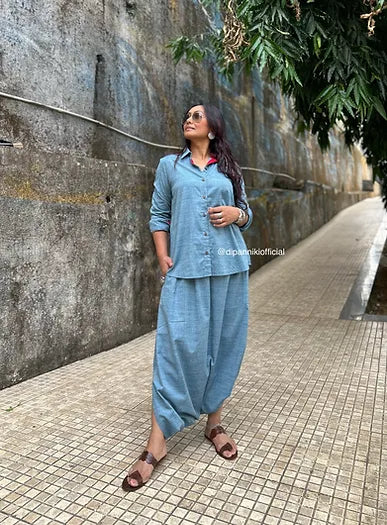 Denim blue Shirt dhoti co-ord