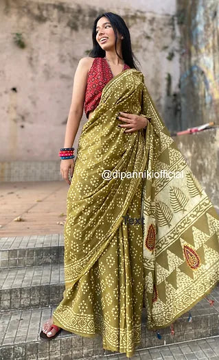 Mehendi green Mul Cotton saree