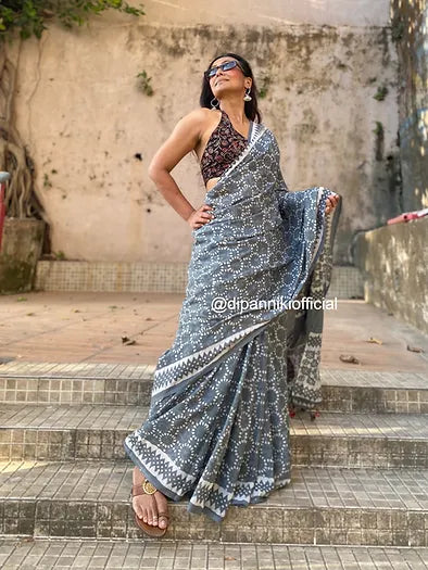 Grey circle Mul Cotton saree