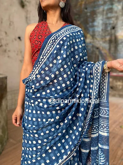 Polka Indigo Mul Cotton saree