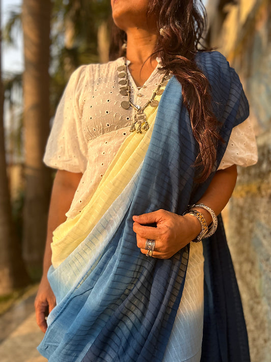 Blue ombre tie-dye mul saree