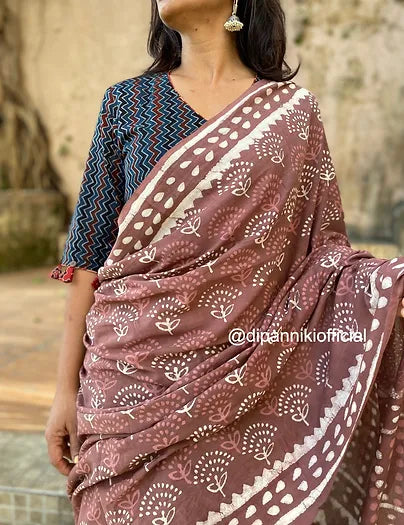 Dark peach Mul Cotton saree