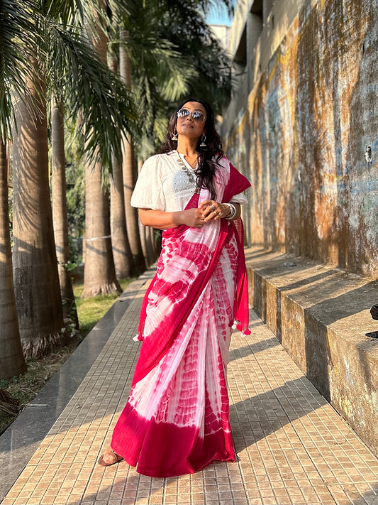 Candy pink Tie-dye mul saree