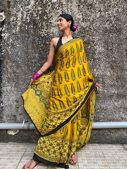 Peeli Anaras modal silk saree embroidered pallu