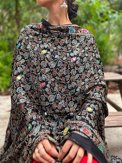 Black floral modal silk dupatta