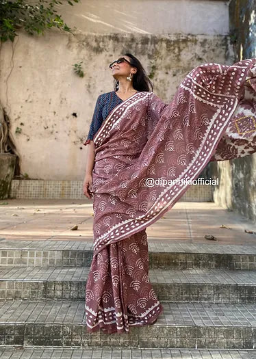 Dark peach Mul Cotton saree