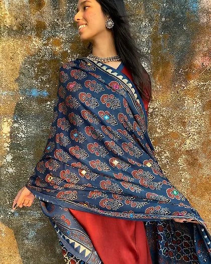 Indigo Pammi modal silk dupatta with Zari