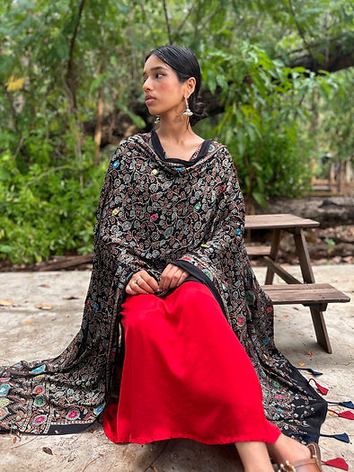 Black floral modal silk dupatta