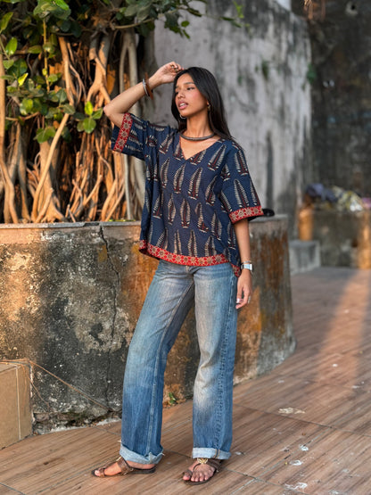 Blue Anaar Ajrakh Cotton Boxy Top