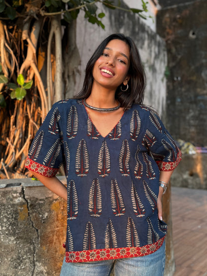 Blue Anaar Ajrakh Cotton Boxy Top