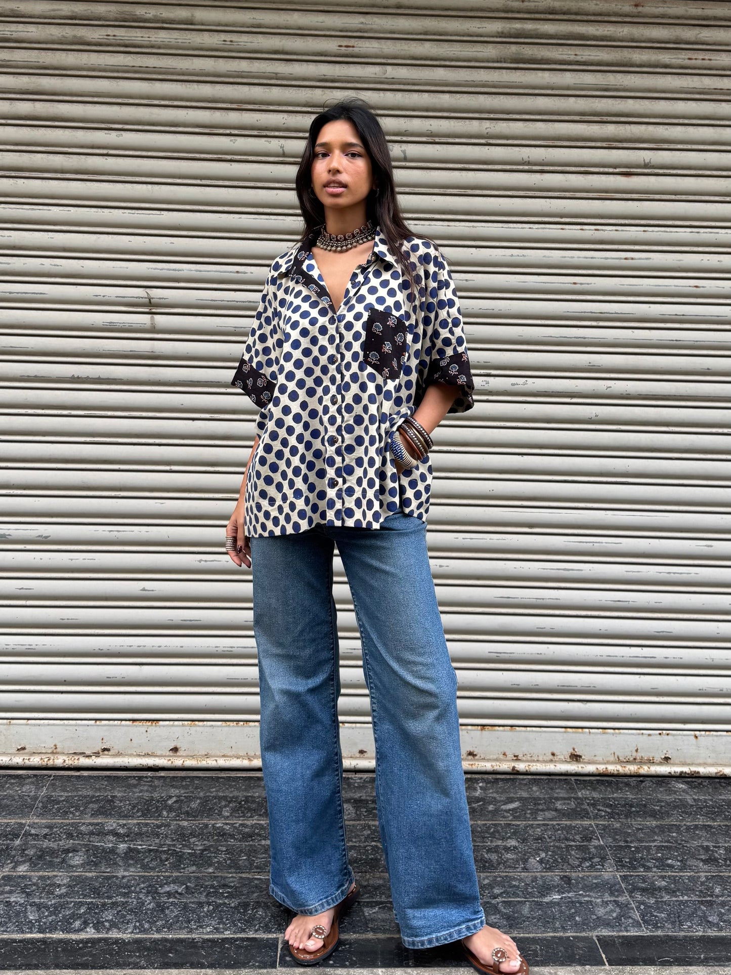 Electric Blue Polka Cotton Shirt (READY TO DISPATCH)