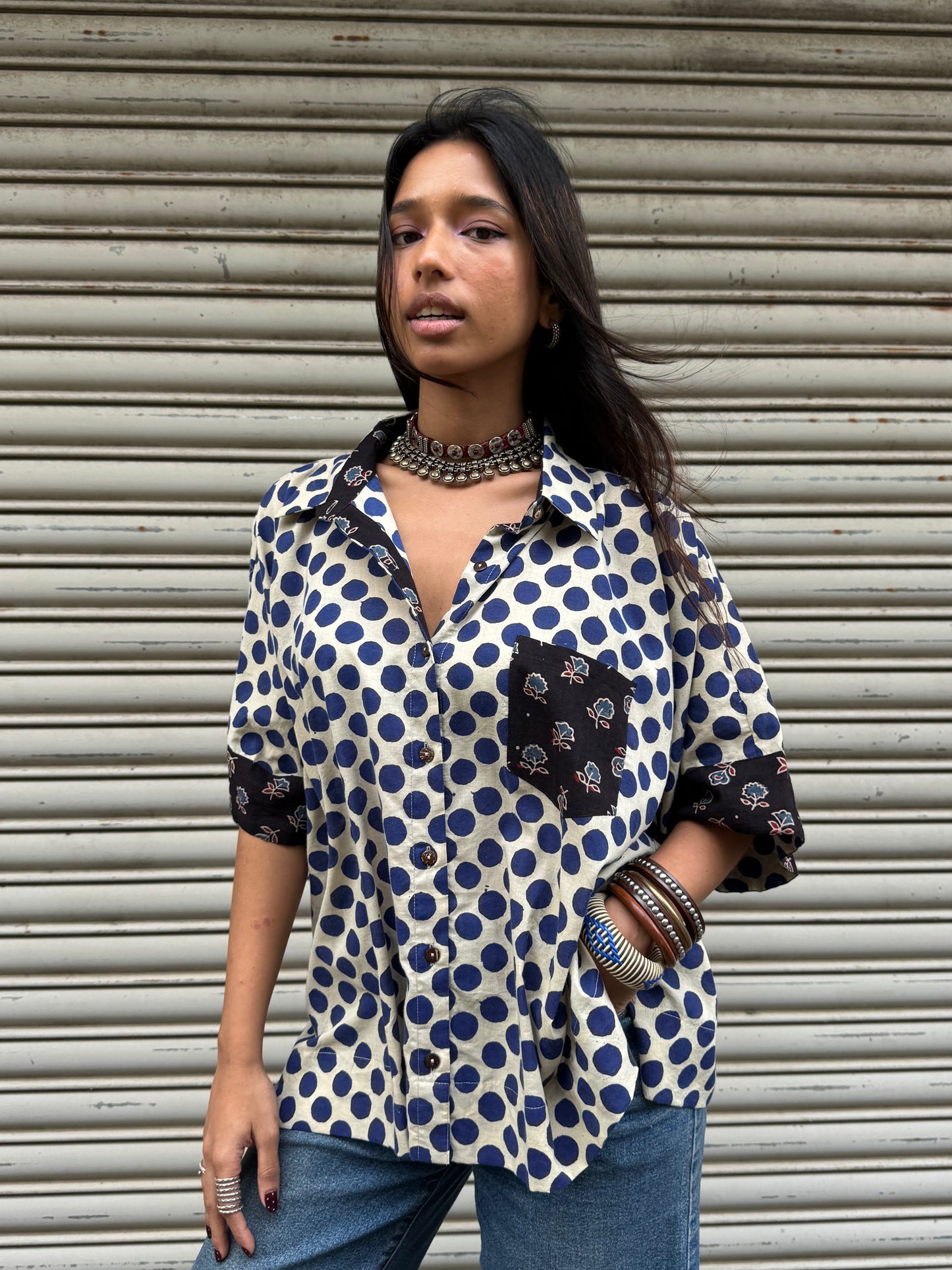 Electric Blue Polka Cotton Shirt (READY TO DISPATCH)