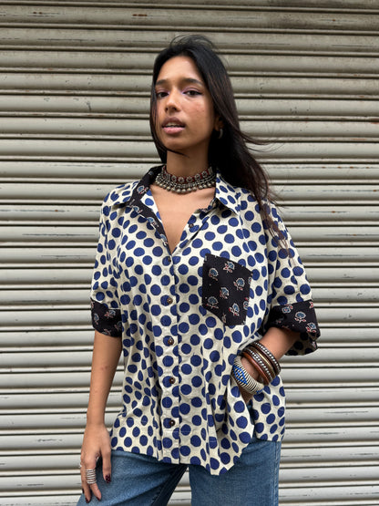 Electric Blue Polka Cotton Shirt (READY TO DISPATCH)