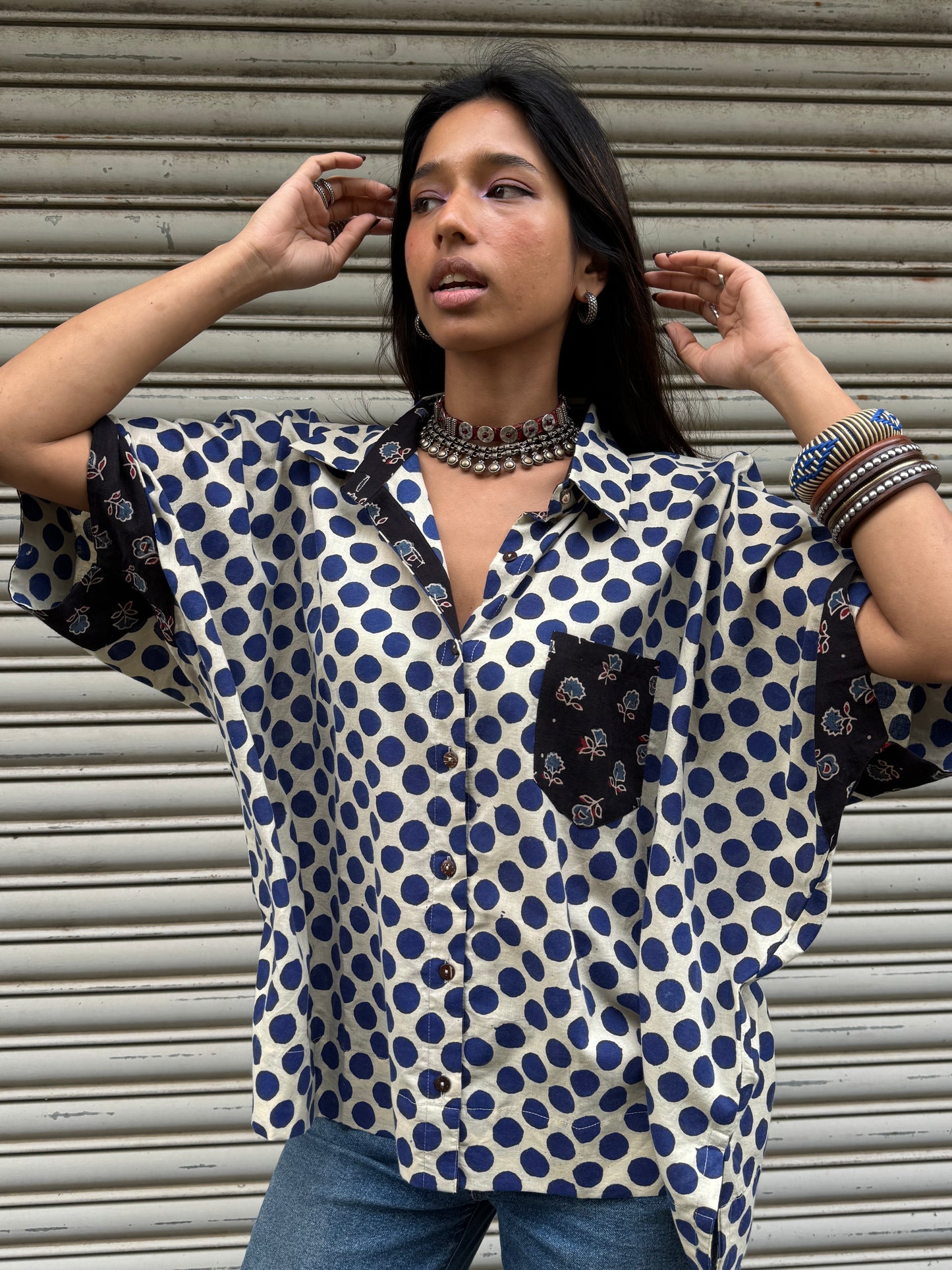Electric Blue Polka Cotton Shirt (READY TO DISPATCH)