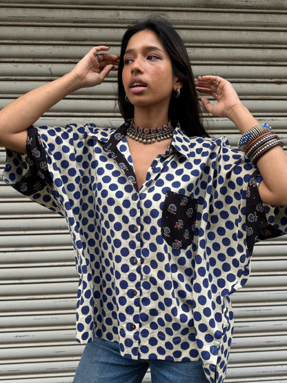 Electric Blue Polka Cotton Shirt (READY TO DISPATCH)