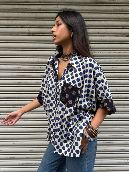 Electric Blue Polka Cotton Shirt (READY TO DISPATCH)