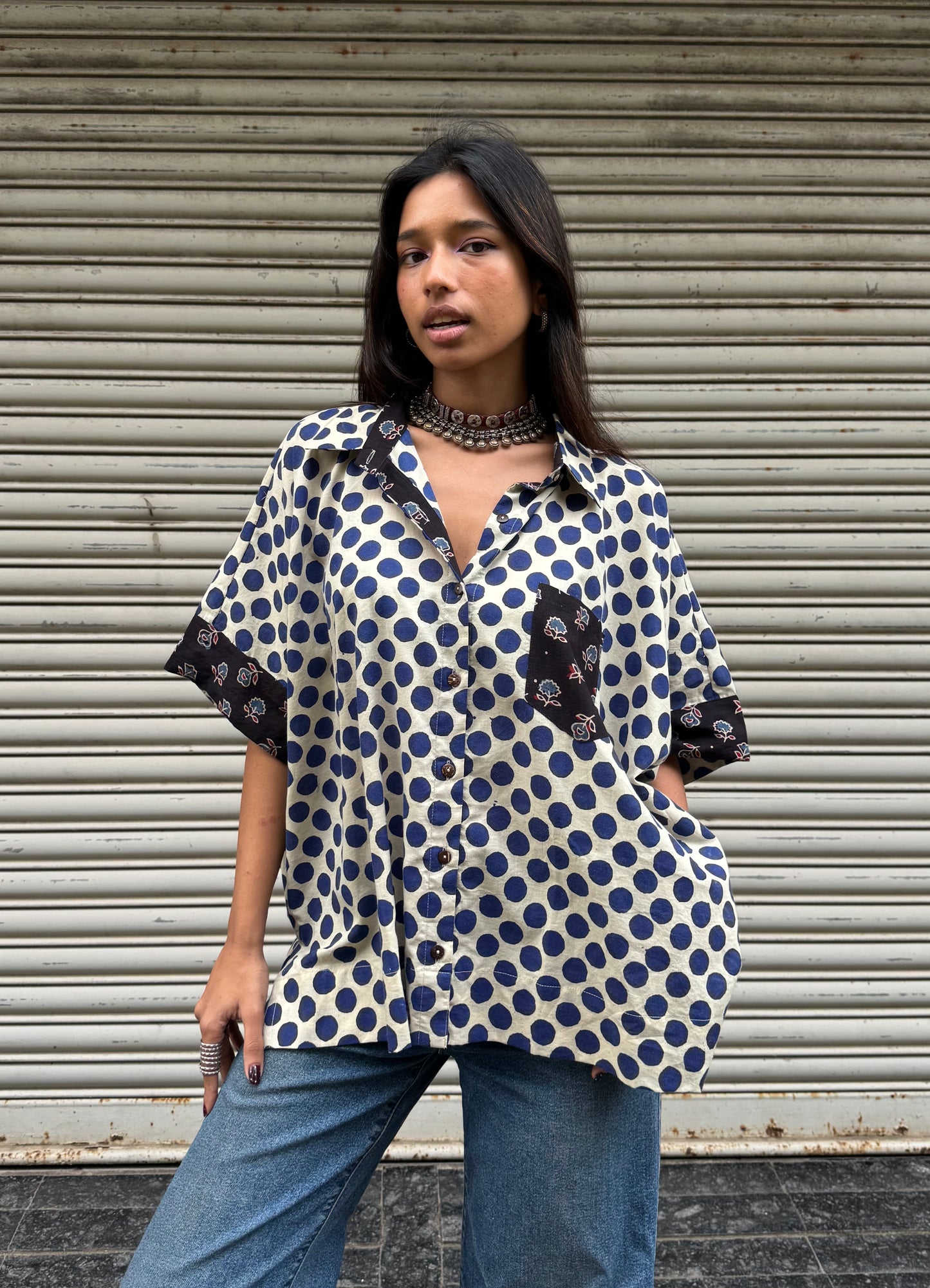 Electric Blue Polka Cotton Shirt (READY TO DISPATCH)