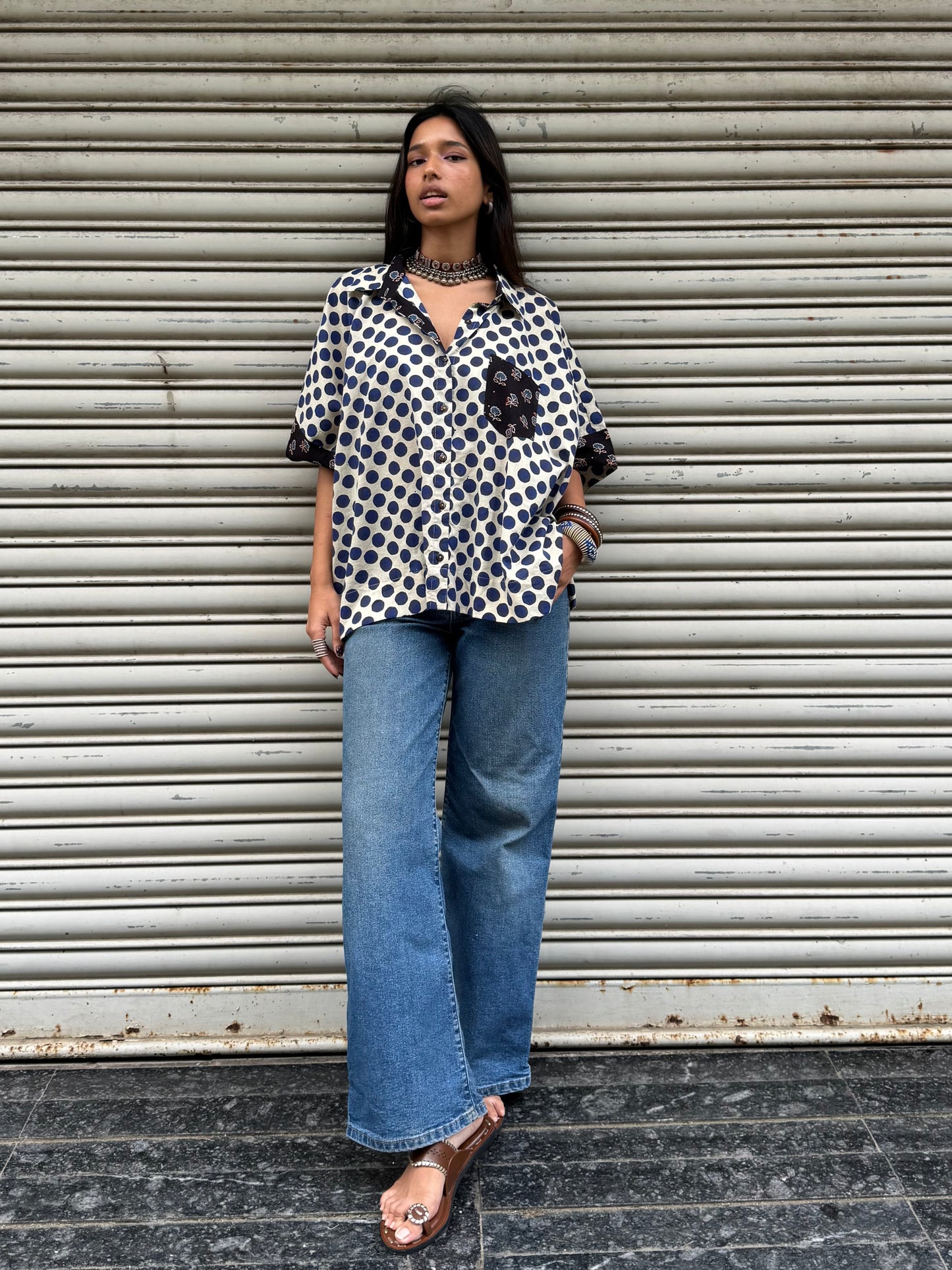 Electric Blue Polka Cotton Shirt (READY TO DISPATCH)