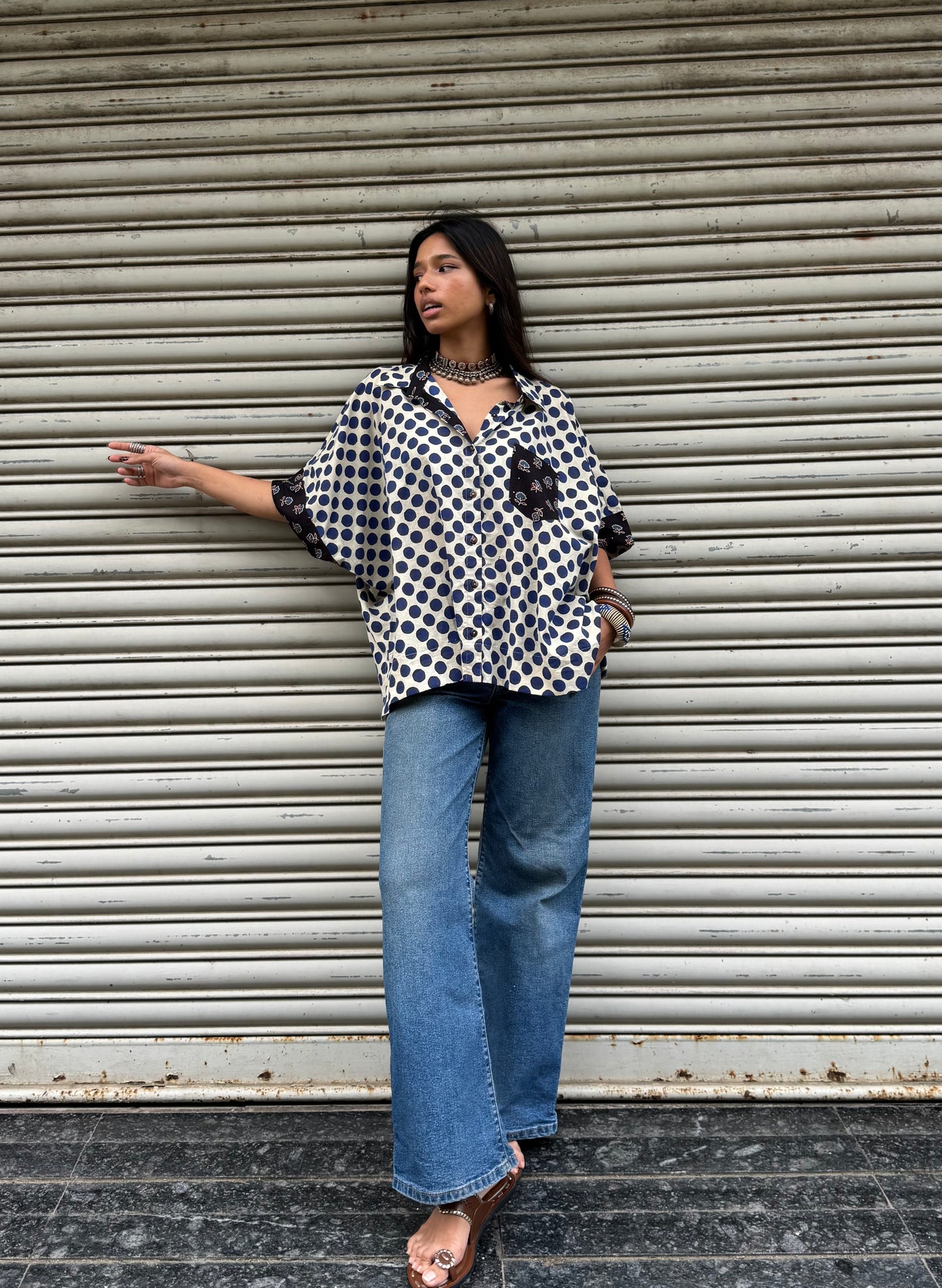 Electric Blue Polka Cotton Shirt (READY TO DISPATCH)