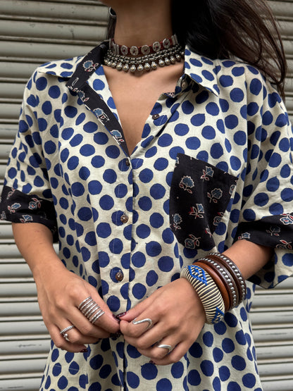 Electric Blue Polka Cotton Shirt (READY TO DISPATCH)