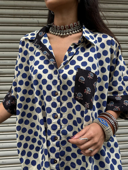 Electric Blue Polka Cotton Shirt (READY TO DISPATCH)