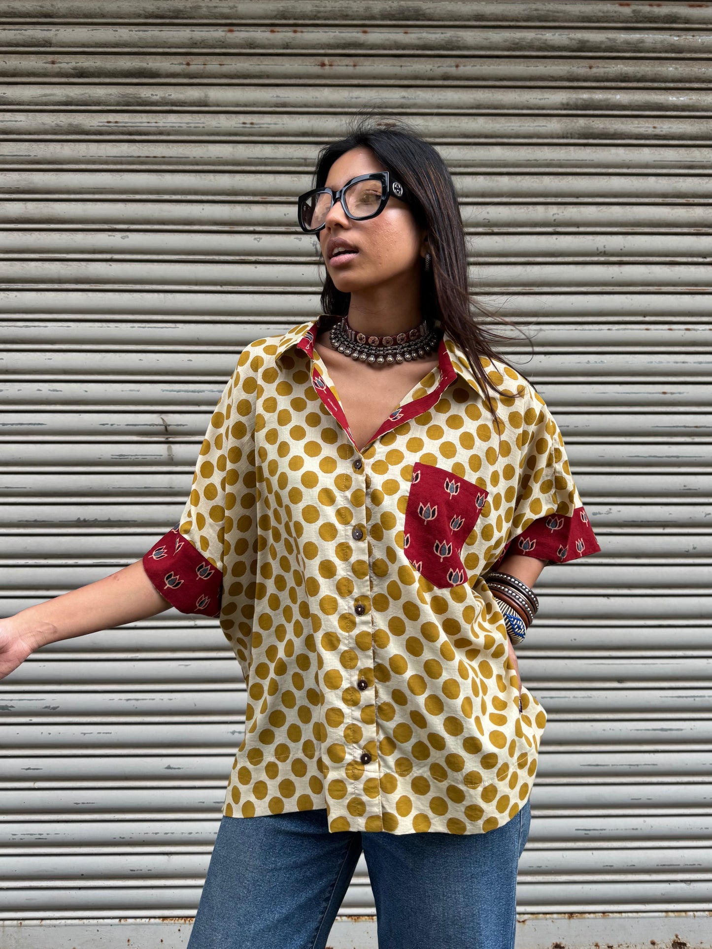 Mustard Polka Cotton Shirt (READY TO DISPATCH)