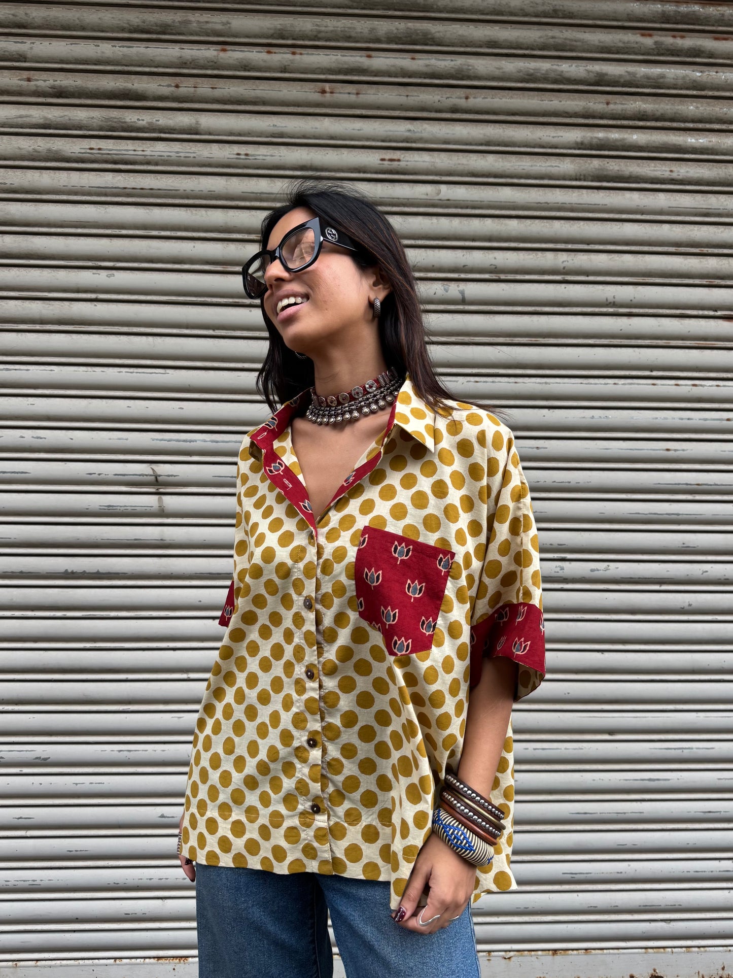 Mustard Polka Cotton Shirt (READY TO DISPATCH)