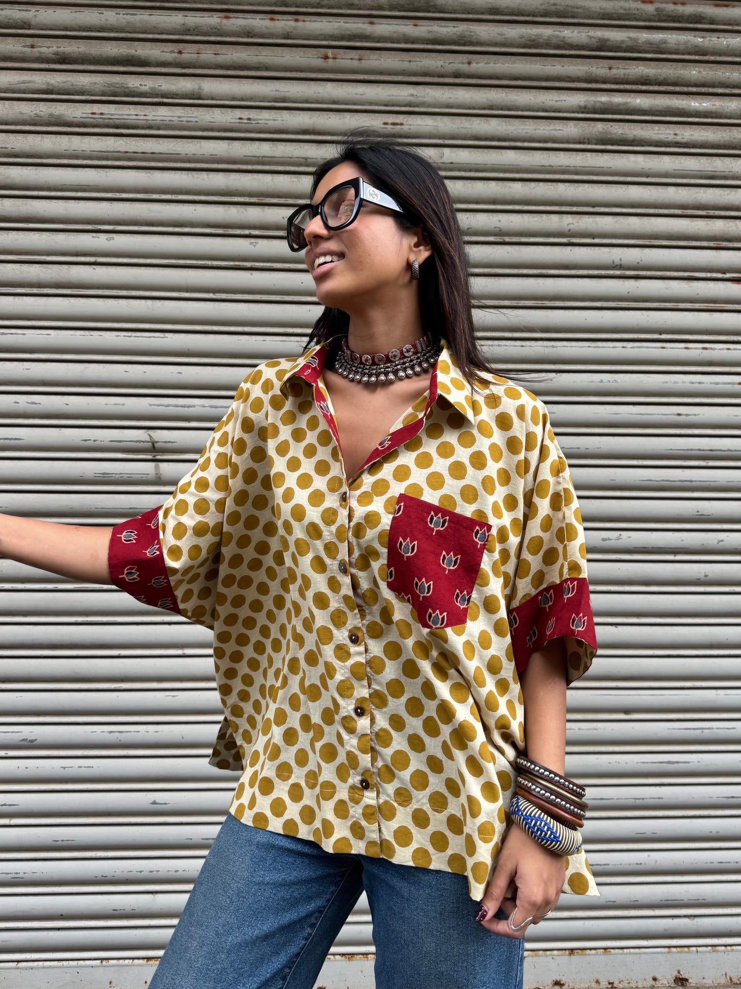 Mustard Polka Cotton Shirt (READY TO DISPATCH)